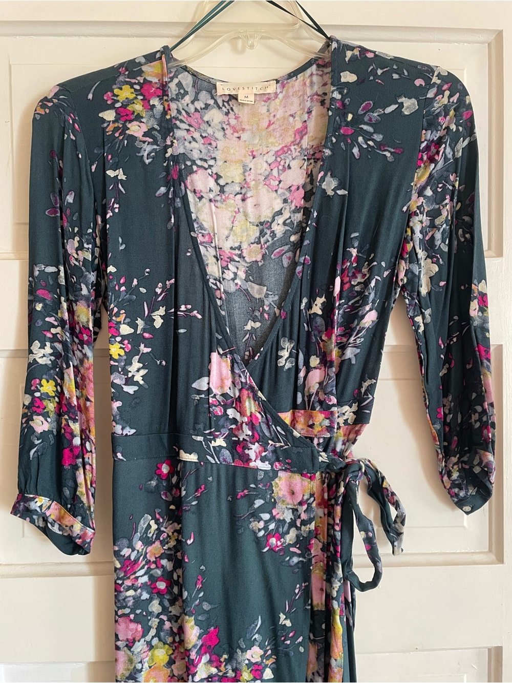 Floral Wrap Maxi Dress - Dark Teal with Pink & Yellow Blossoms